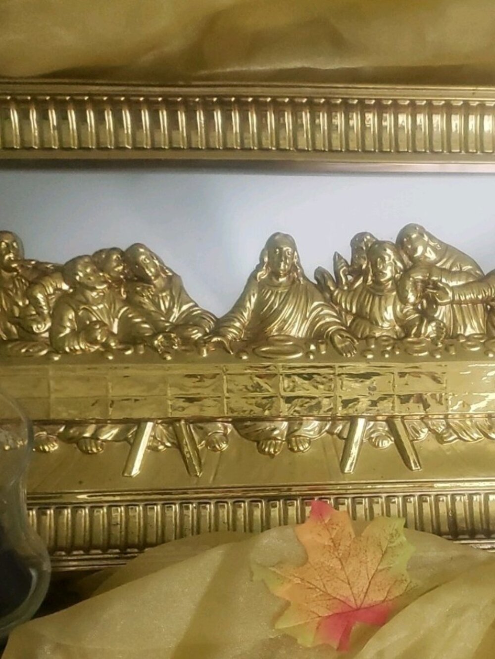 Vintage last supper 3D mirror frame + gold cloth, candle Thanksgiving decor